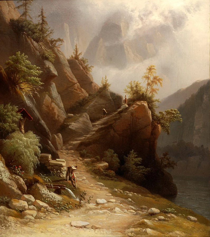 Paesaggio alpino. Figure sul sentiero di montagna